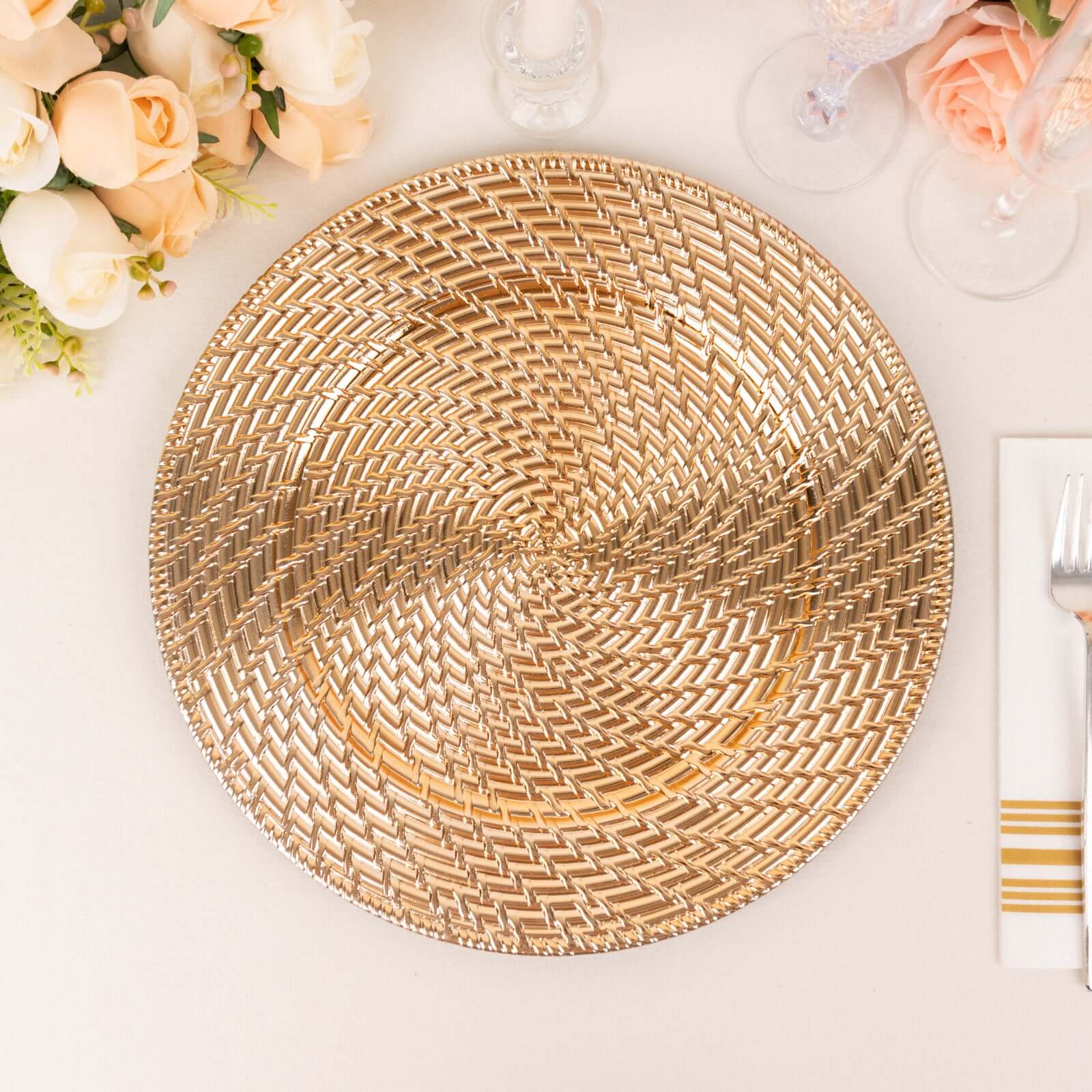 6-Pack Acrylic Charger Plates 13" Round Metallic Gold with Swirl Rattan Pattern - Farmhouse Plastic Charger Tableware