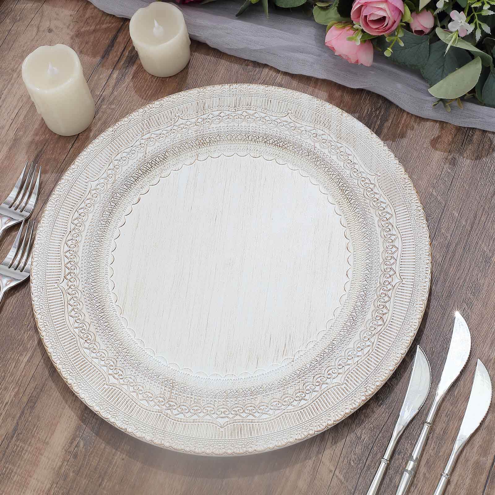 6-Pack Acrylic Charger Plates 13" Round White Lace Embossed Rim - Rustic Plastic Decorative Charger Tableware